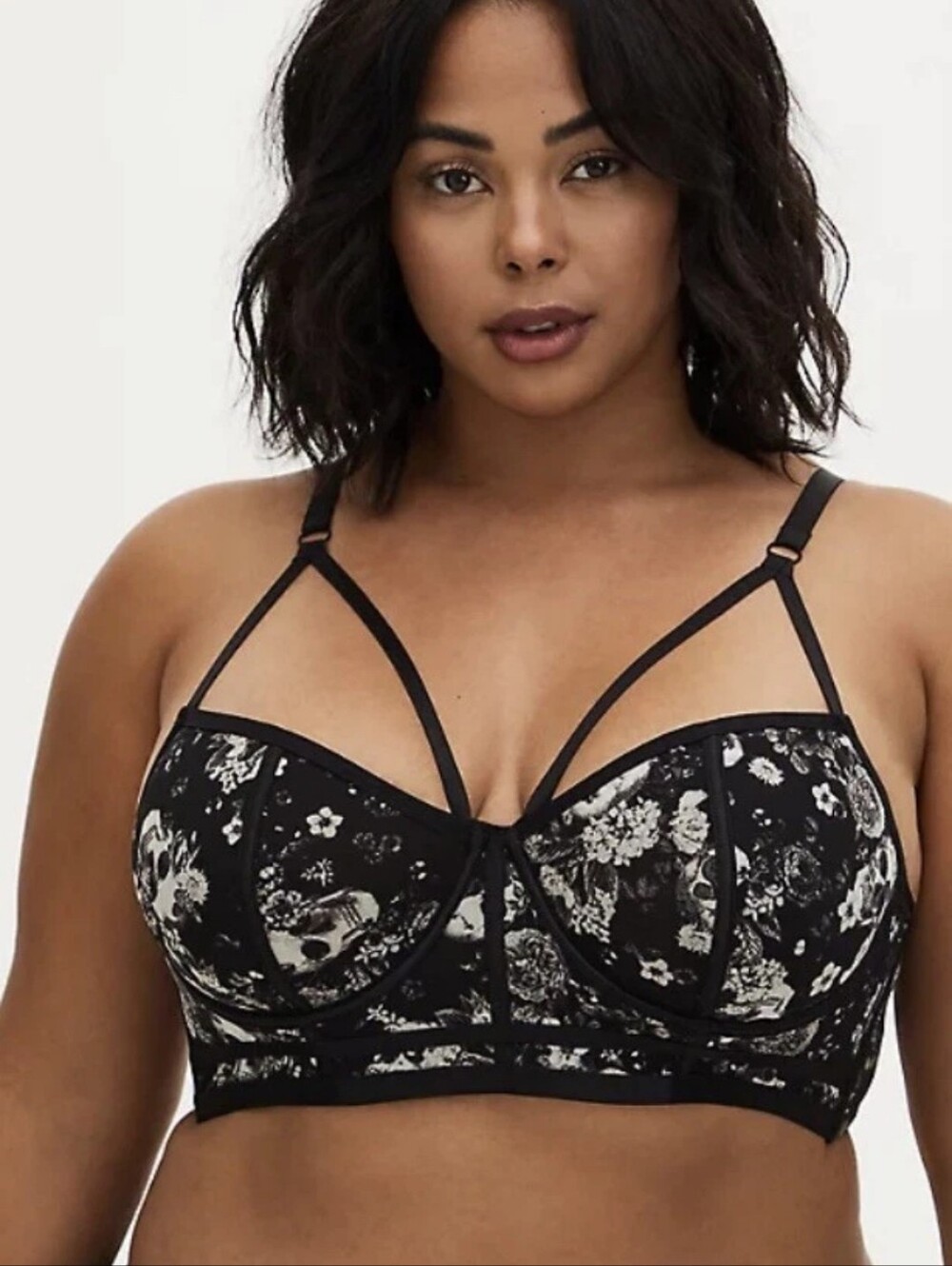 NEW Torrid 0 12 Black Skull Floral Mesh Strappy Longline Wired Bra CX-3877